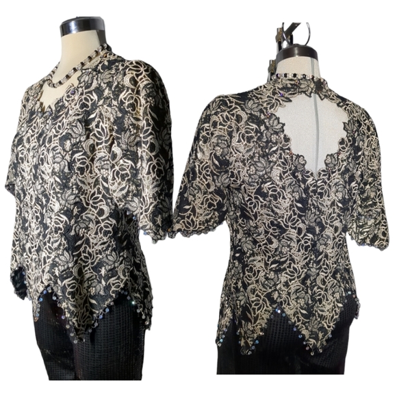 Michael Jordan Tops - Michael Jordan Luxury Black &Gold Lace With Crystal Beads Trimmed Blouse Size M